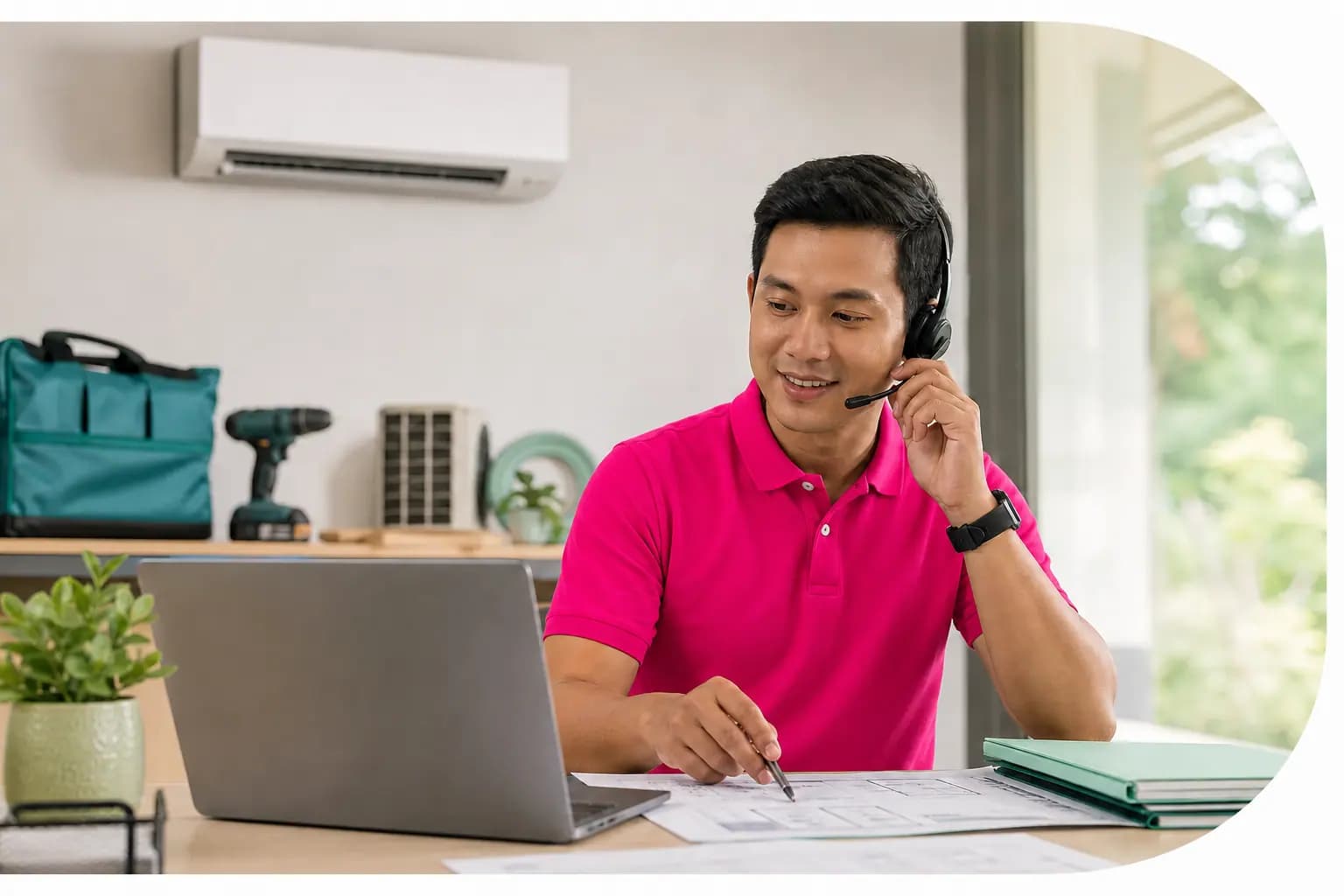 Aircond service coordinator helping a customer while reviewing a site plan