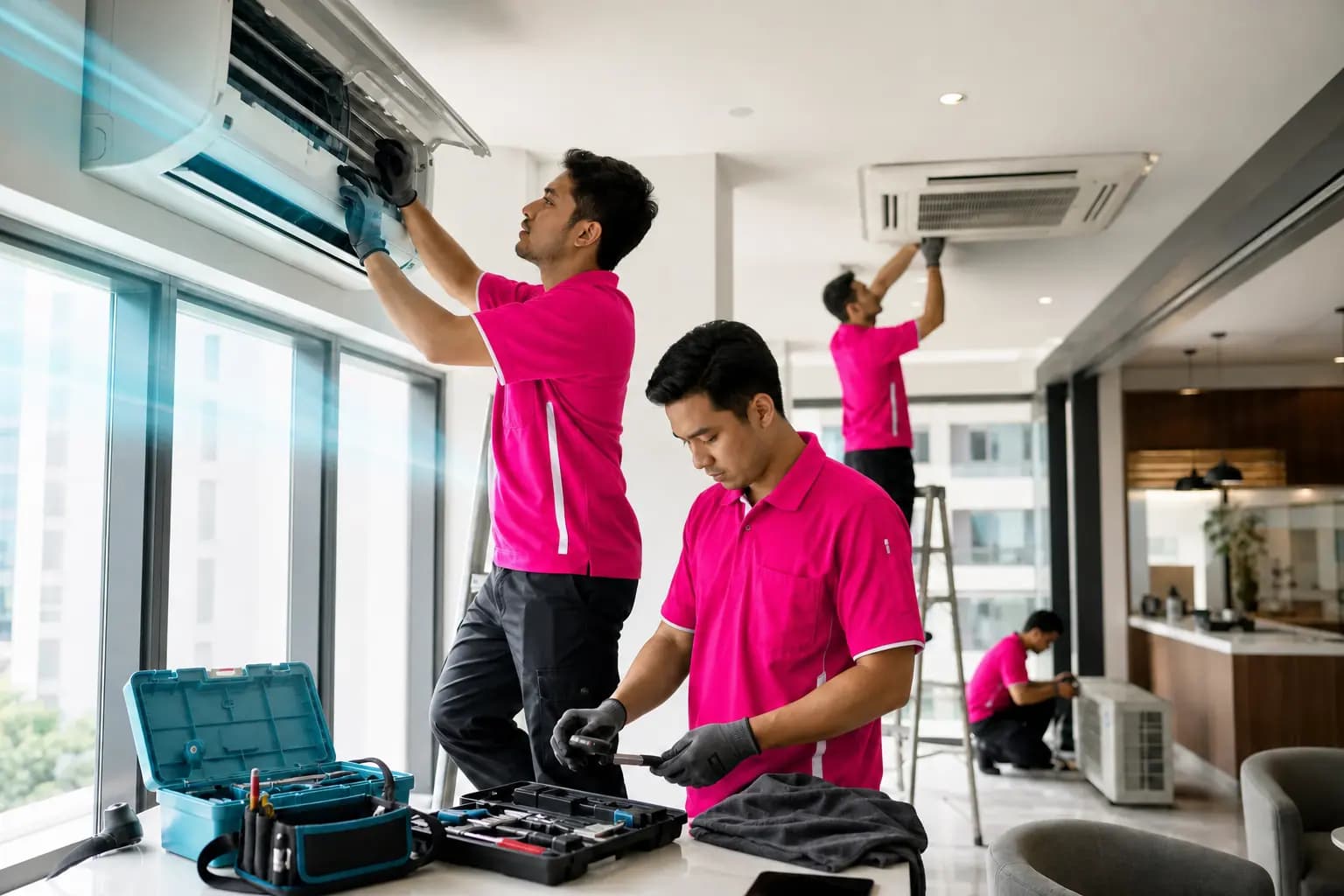Aircond service team preparing tools while working on residential and commercial systems