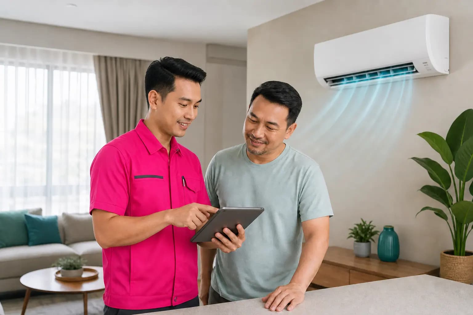 Explaining an aircond inspection to a customer